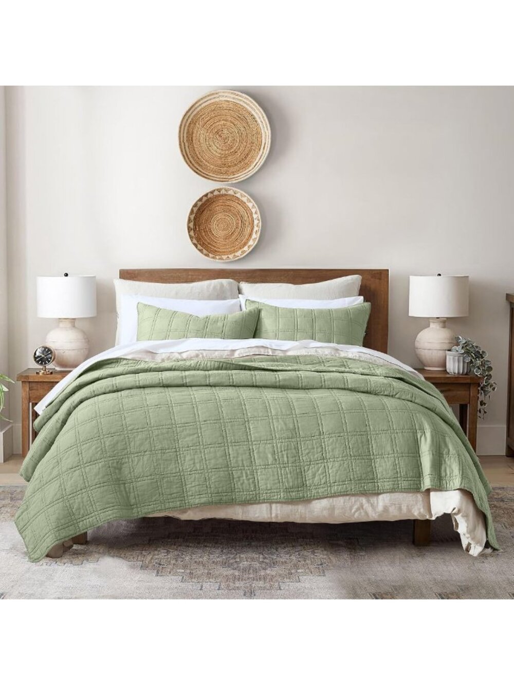 Cozy Sage Green 100% Cotton King Quilt Set, Lightweight Geometric Bedspread & 2